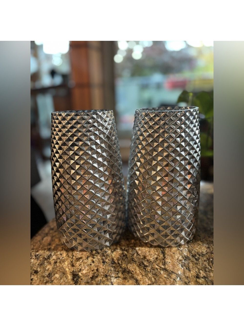 Pair of Elegant 8” Silver Textured Vases / Candle Holders – Pineapple Faceted